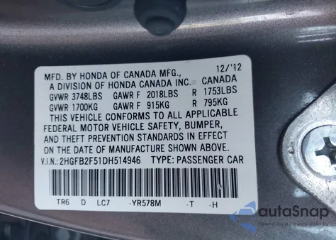 2013 Honda Civic Lx z USA, uszkodzony, nr VIN 2HGFB2F51DH514946